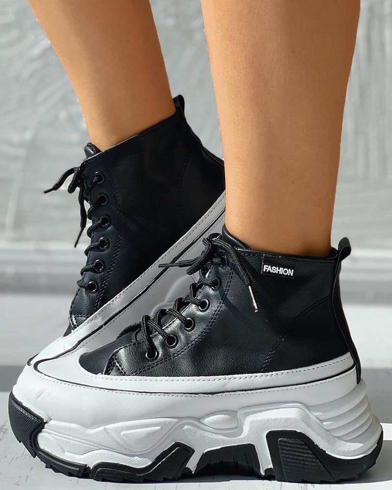 

Eyelet Lace-up Colorblock Muffin Sneakers, Black