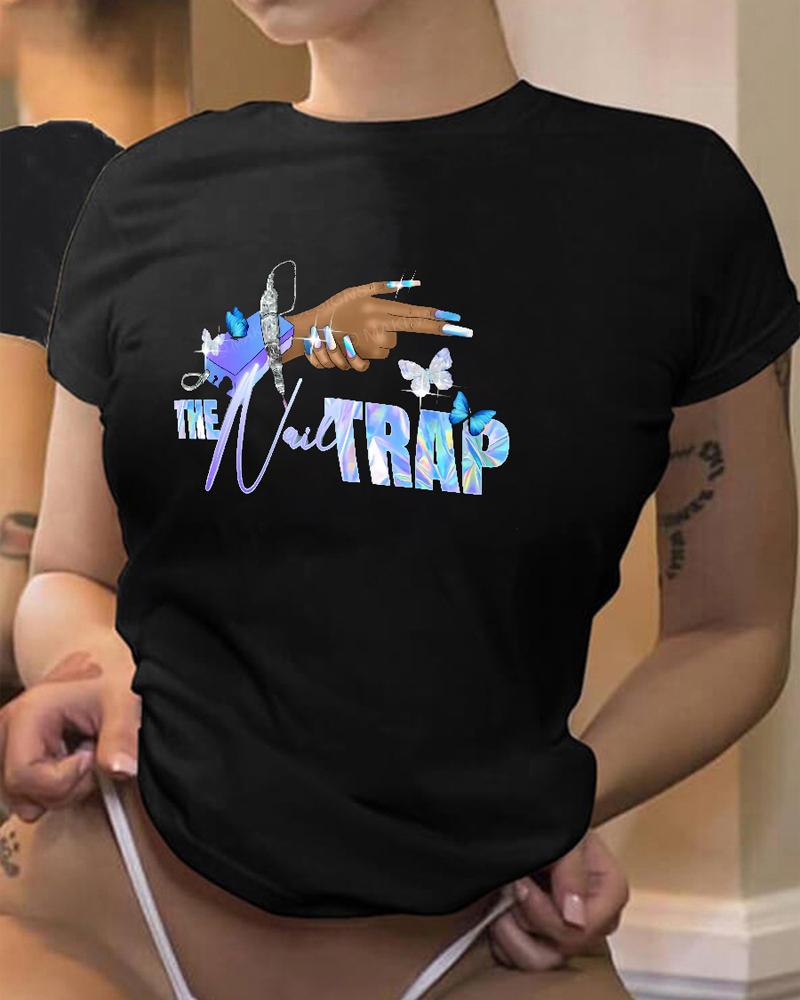 

Plus Size Butterfly Slogan Print Casual T-shirt, Black