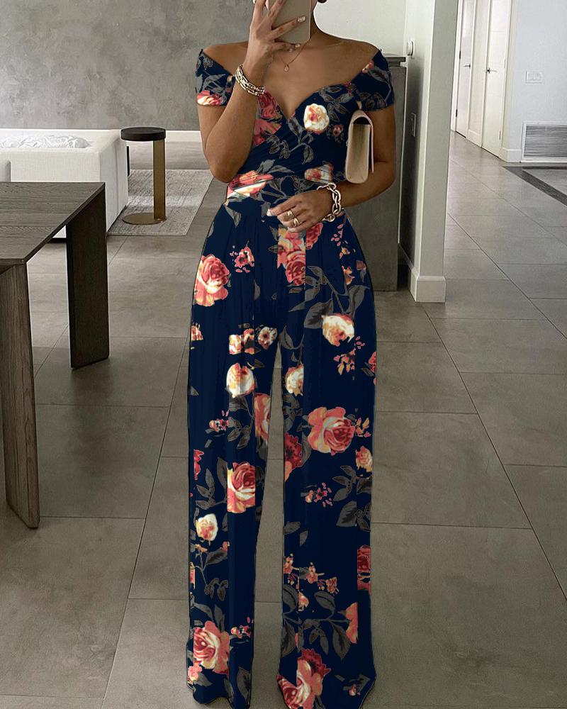 

Floral Print Short Sleeve Wide Leg Jumpsuit, Purplish blue