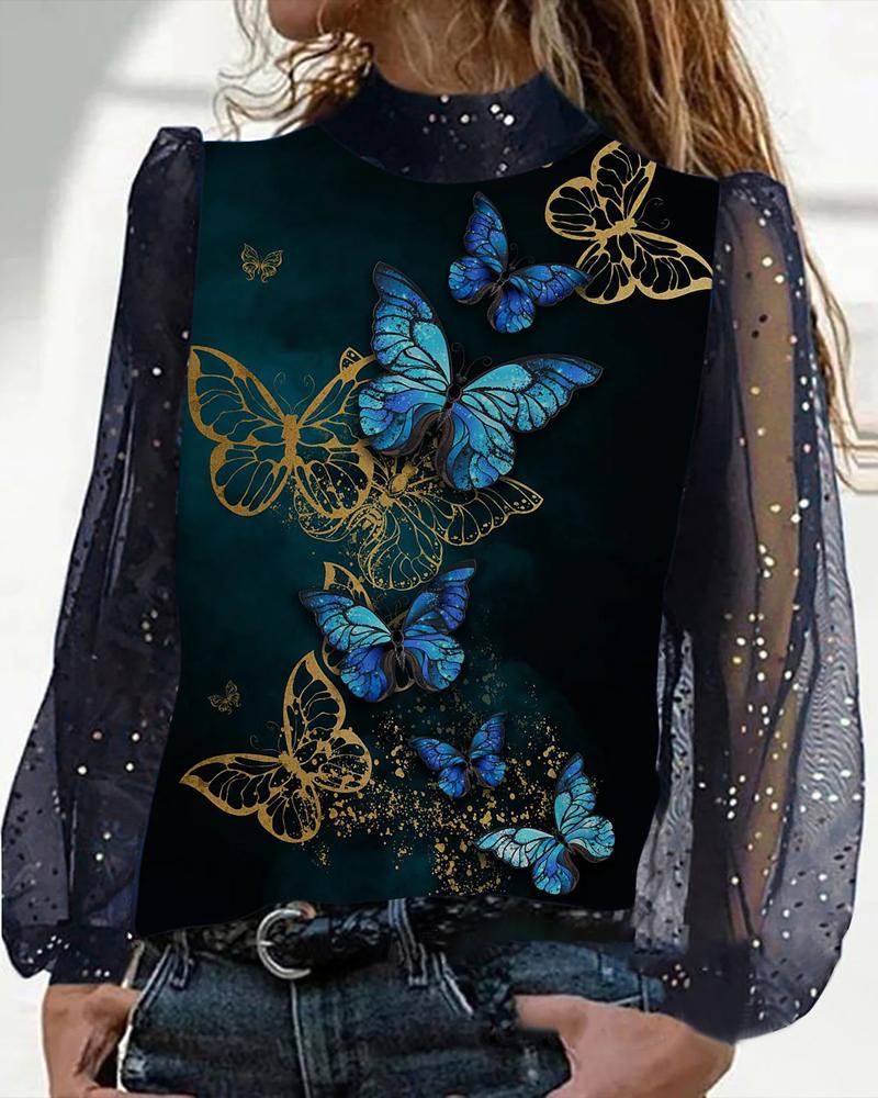 

Butterfly Print Contrast Mesh Long Sleeve Top, Blue