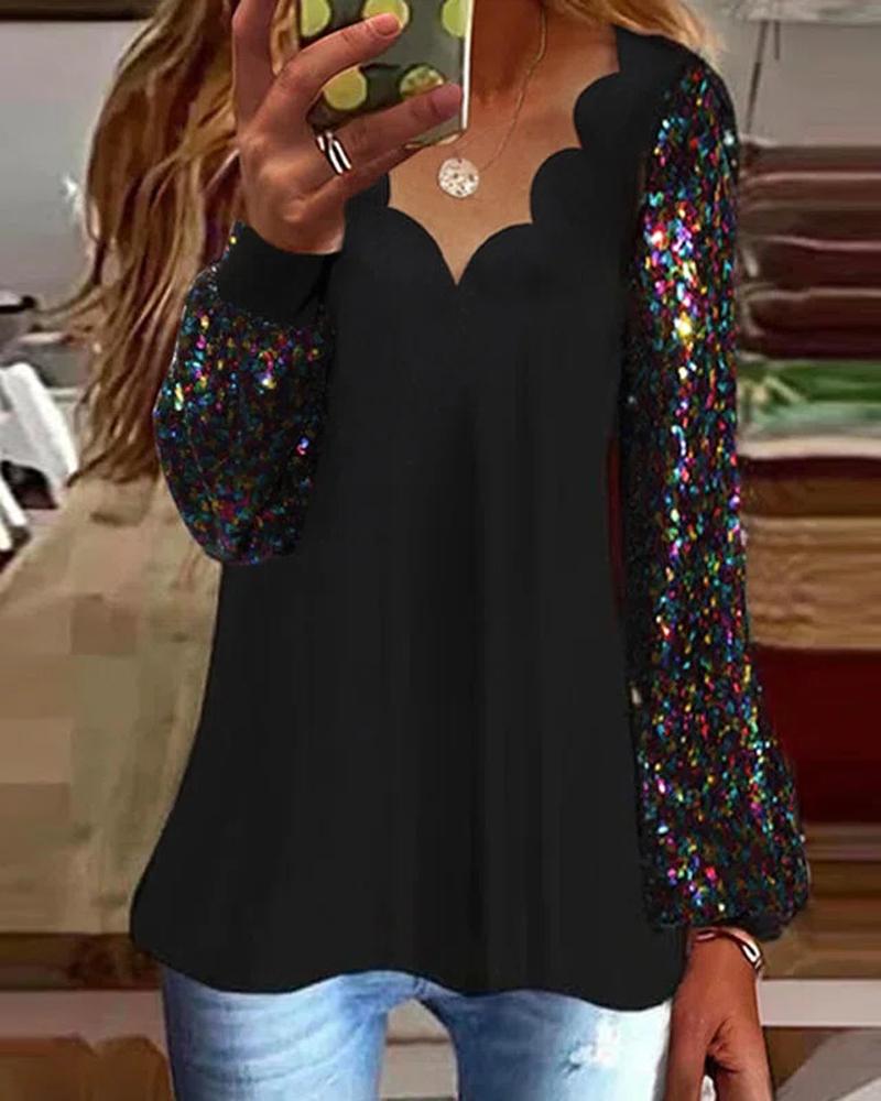 

Contrast Sequin Long Sleeve Scallop Trim Top, Black