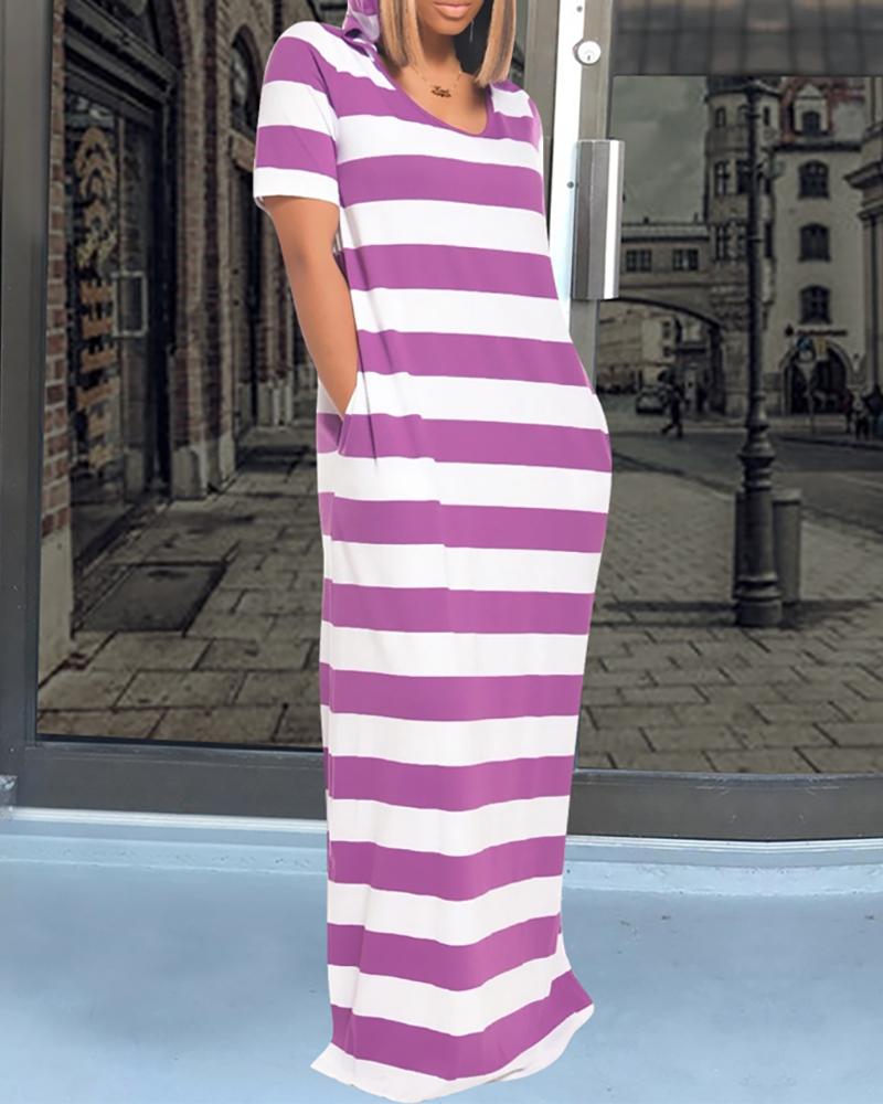 

Striped Colorblock Pocket Design Casual Dress, Purple