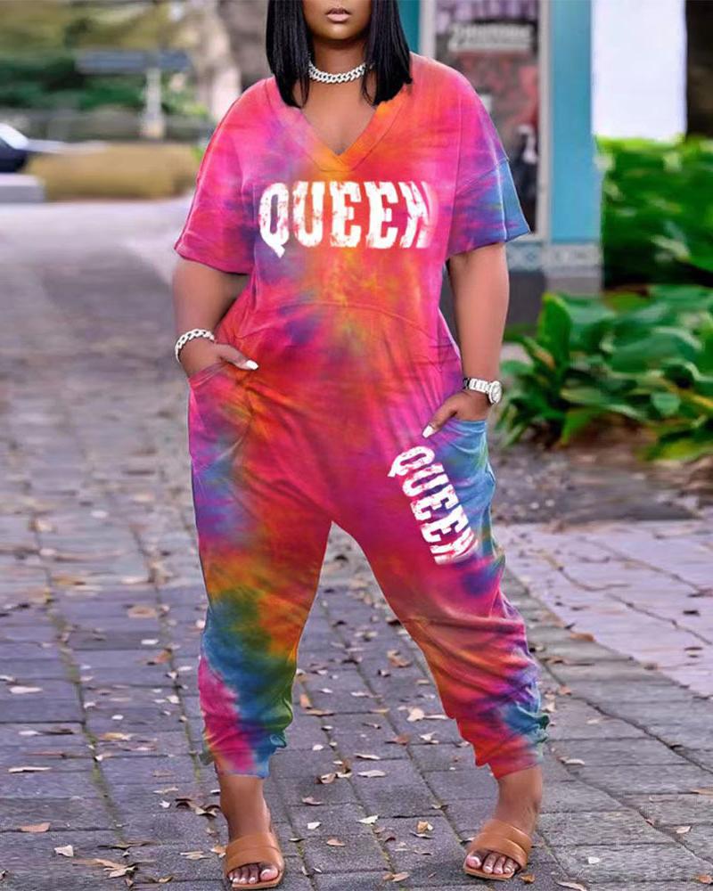 

Tie Dye Letter Print Pocket Design Jumpsuit, Purple