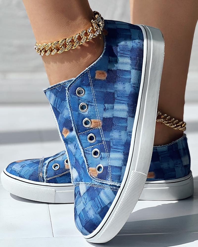 

Denim Look Print Slip-on Eyelet Sneakers, Blue