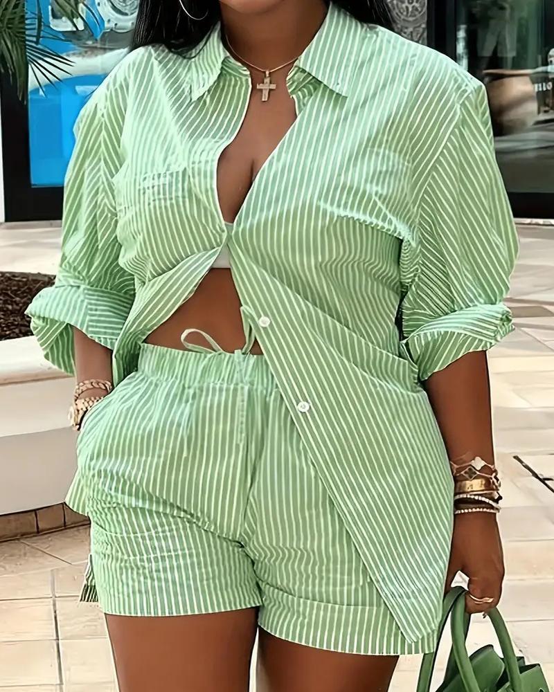 

Plus Size Striped Button Design Shirt & Shorts Set, Green