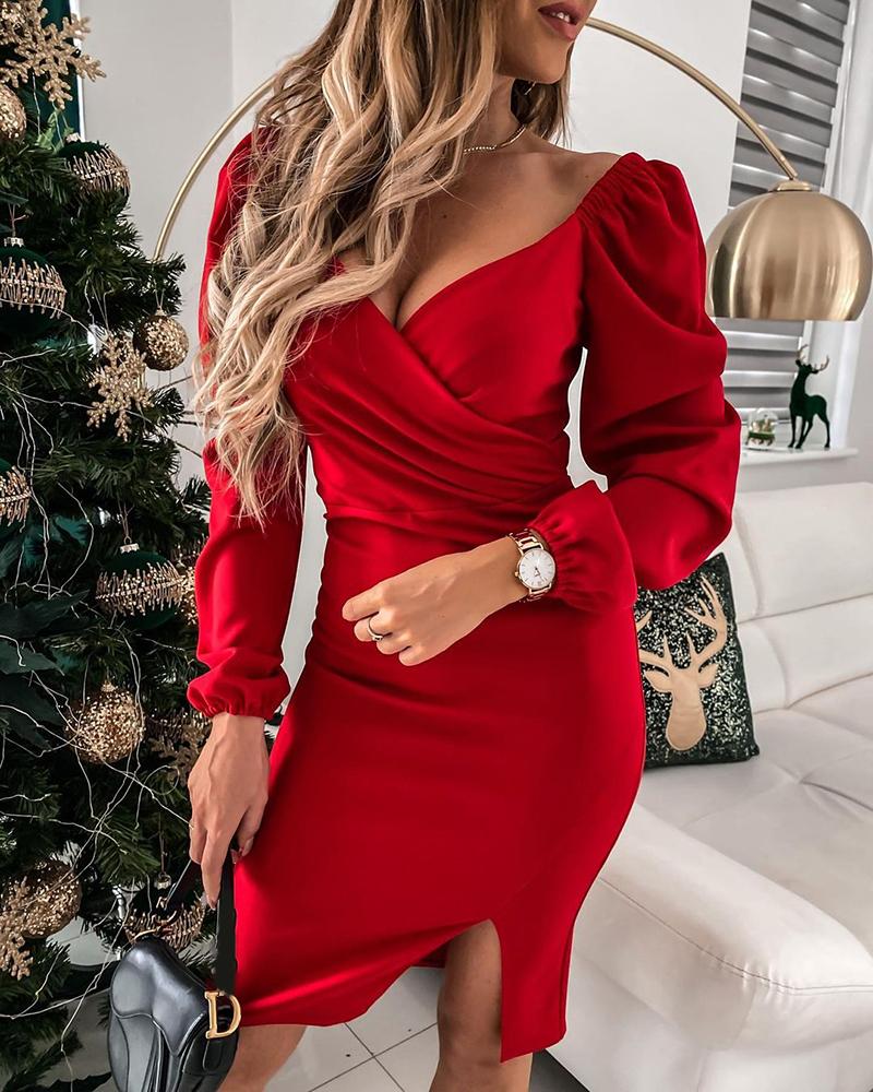 

Puff Sleeve Side Slit Wrap Dress, Red