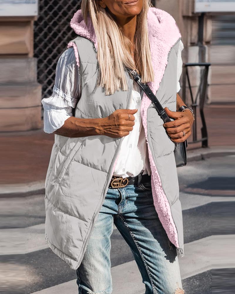 

Gilets réversibles Veste polaire sans manches Veste zippée à capuche Poches Manteau d'hiver long et chaud Vêtements d'extérieur, Gray