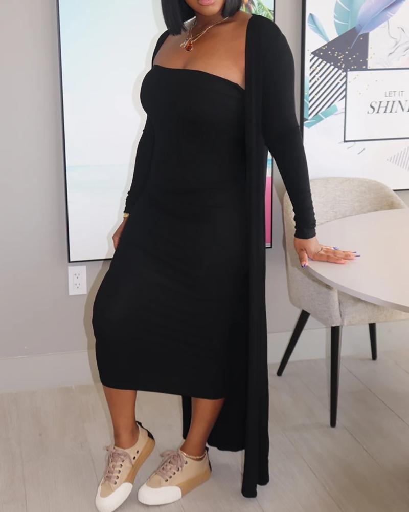 

Solid Bandeau Chocolate Dress & Longline Cardigan Sets, Black