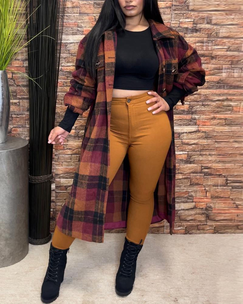 

Plaid Print Button Front Longline Shacket, Orange