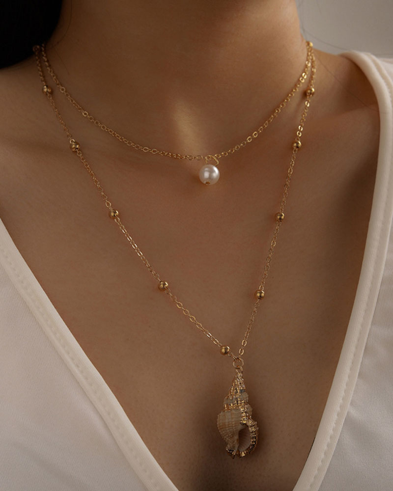 

1pc Pearls Conch Pendant Layered Chain Necklace, Gold