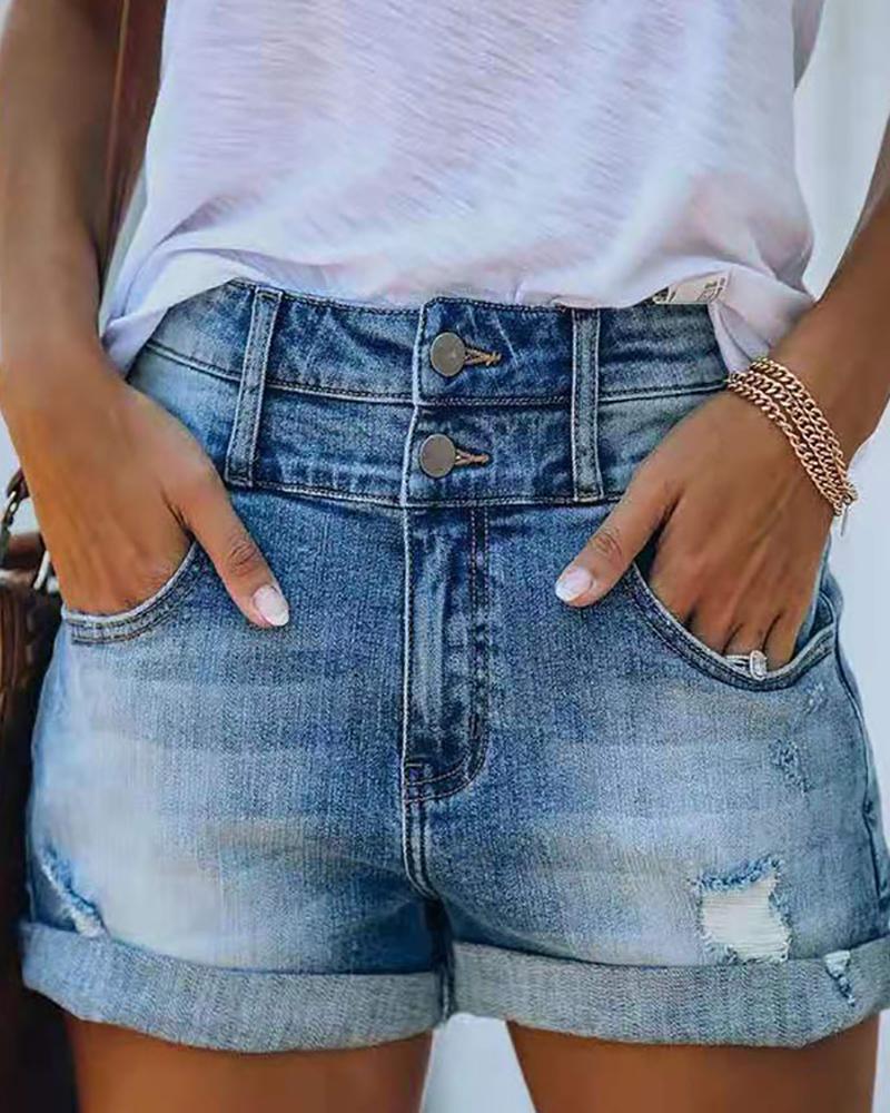 

Ripped Button Pocket Design Denim Shorts, Blue