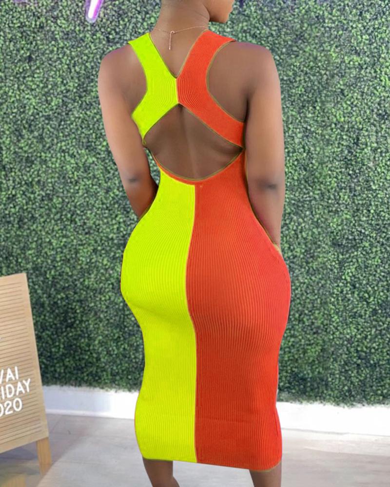 

Colorblock U-Neck Sleeveless Cutout Rib-knit Bodycon Dress, Orange