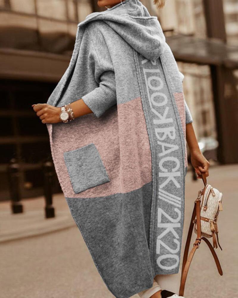 

Letter Print Patch Pocket Longline Hooded Cardigan, Pink