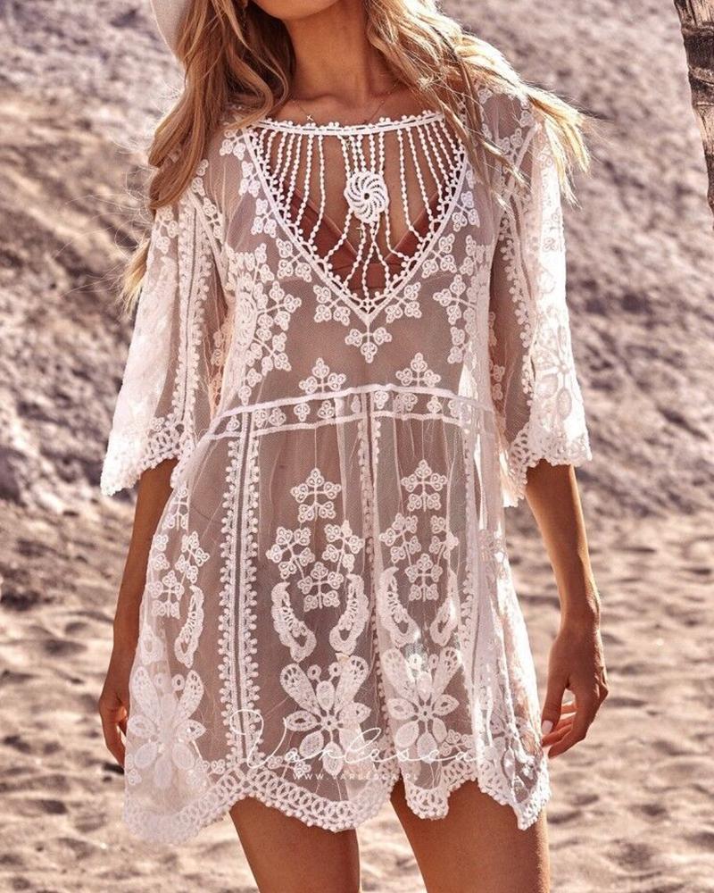 

Solid Color Lace Splicing Embroidery Long Sleeve Mini Dress Cover-ups, White
