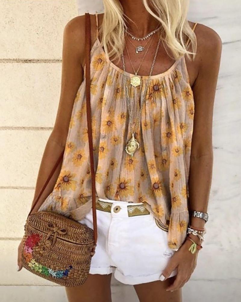 

Daisy Print Spaghetti Strap Casual Top, Khaki