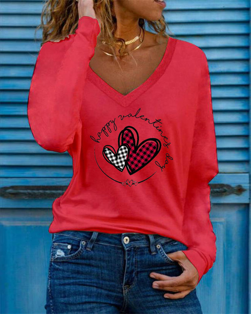 

Letter Heart Print Long Sleeve V-Neck Top, Red