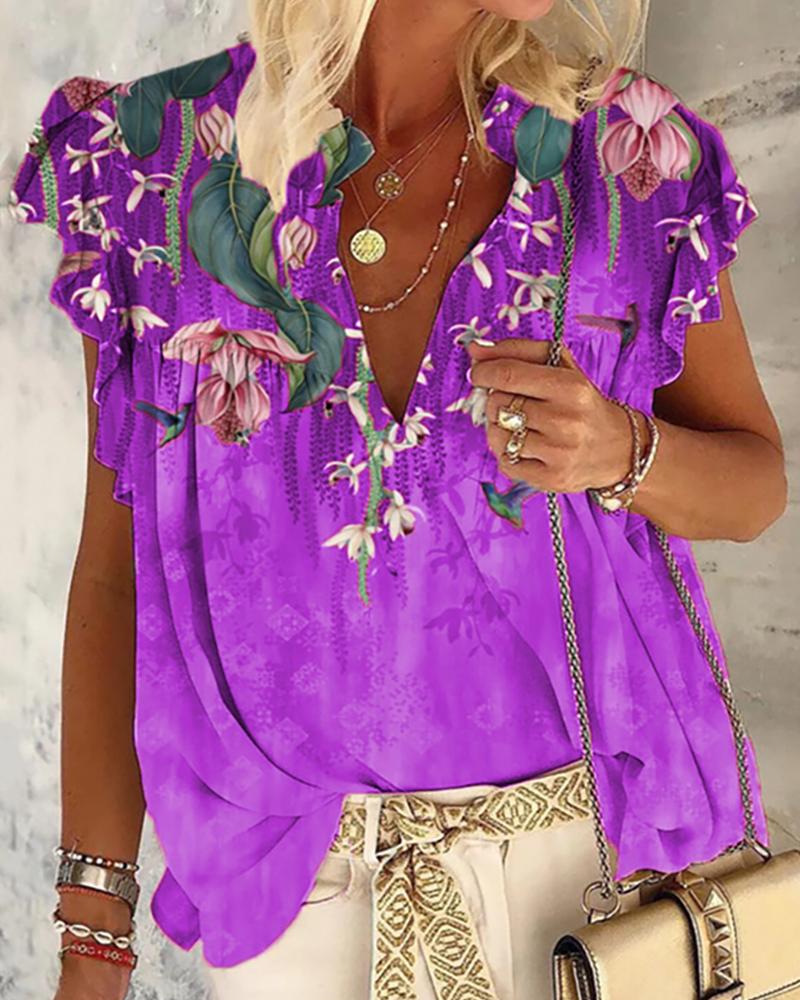 

Floral Print V Neck Sleeveless Ruched Top, Purple