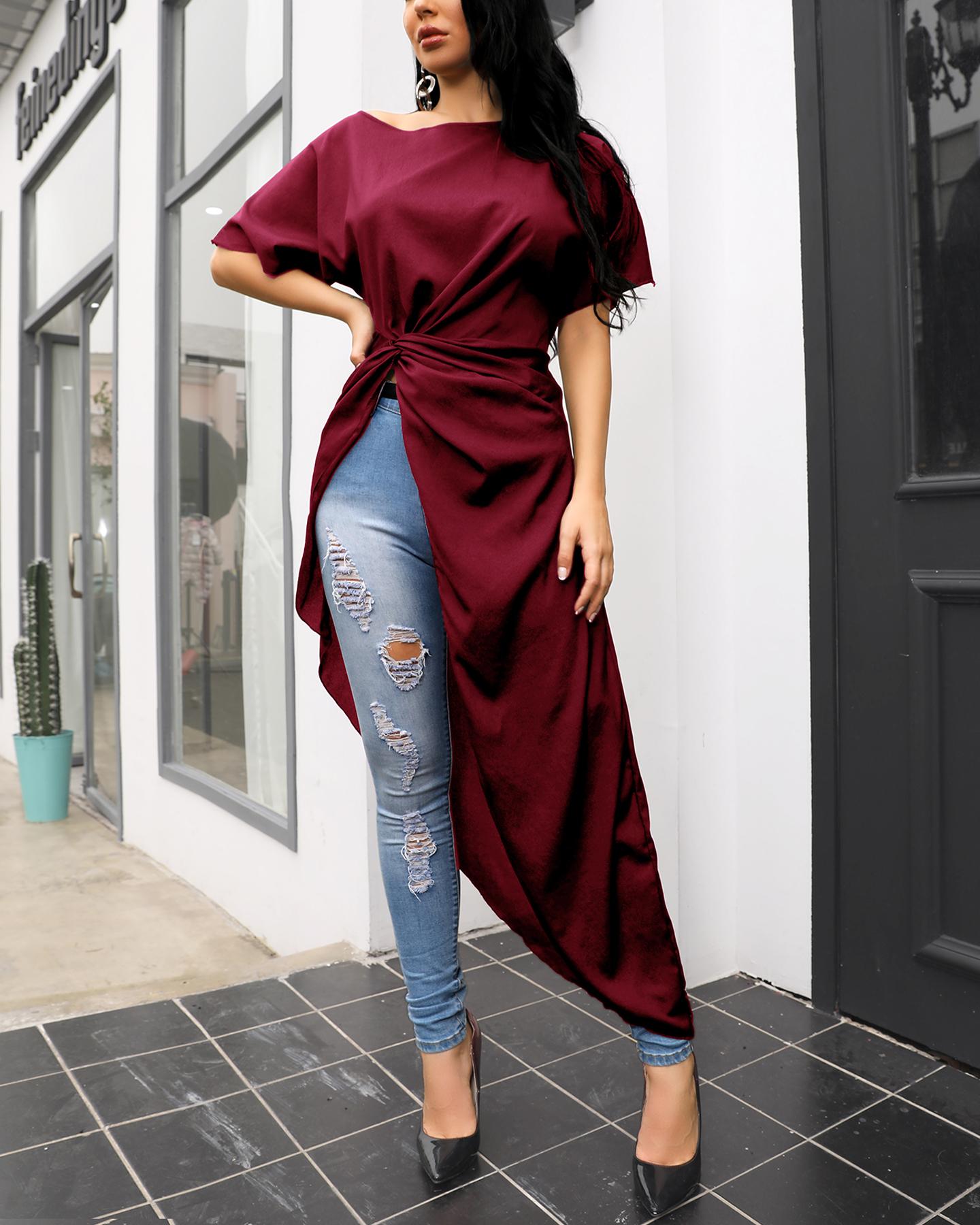 

Short Sleeve Twisted Dip Hem Blouse, Wine red