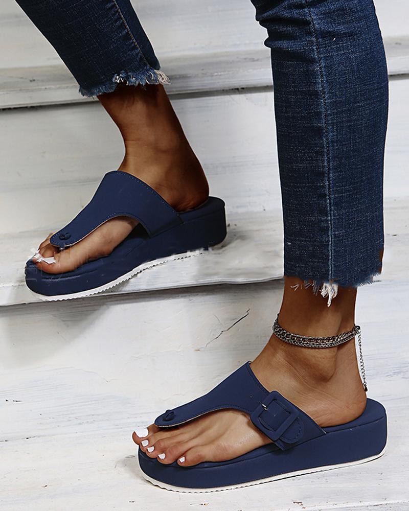 

Round-toe Solid Color Toe Post Platform Slippers, Blue