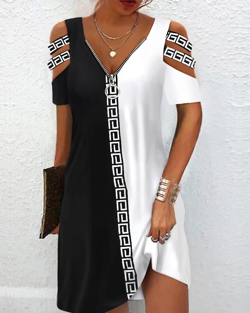 Geo Print Colorblock Cold Shoulder Casual Dress