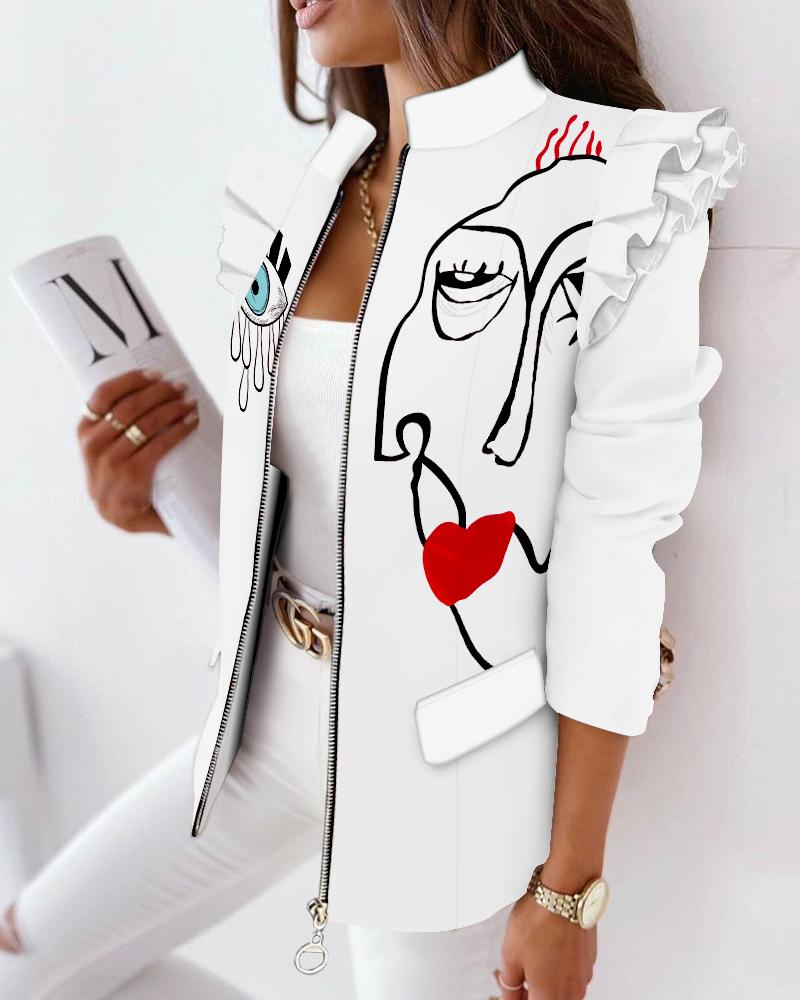 

Graphic Print Ruffle Hem Zip Up Coat, White