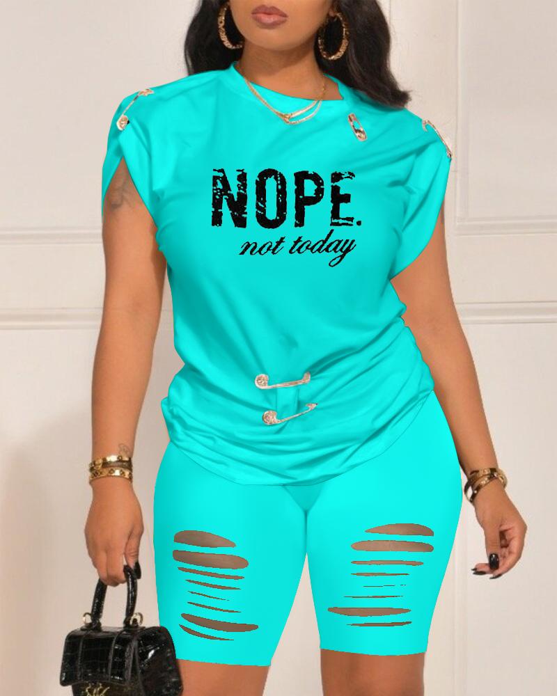 

Nope Not Today Print Casual Top & Shorts Set, Turquoise blue