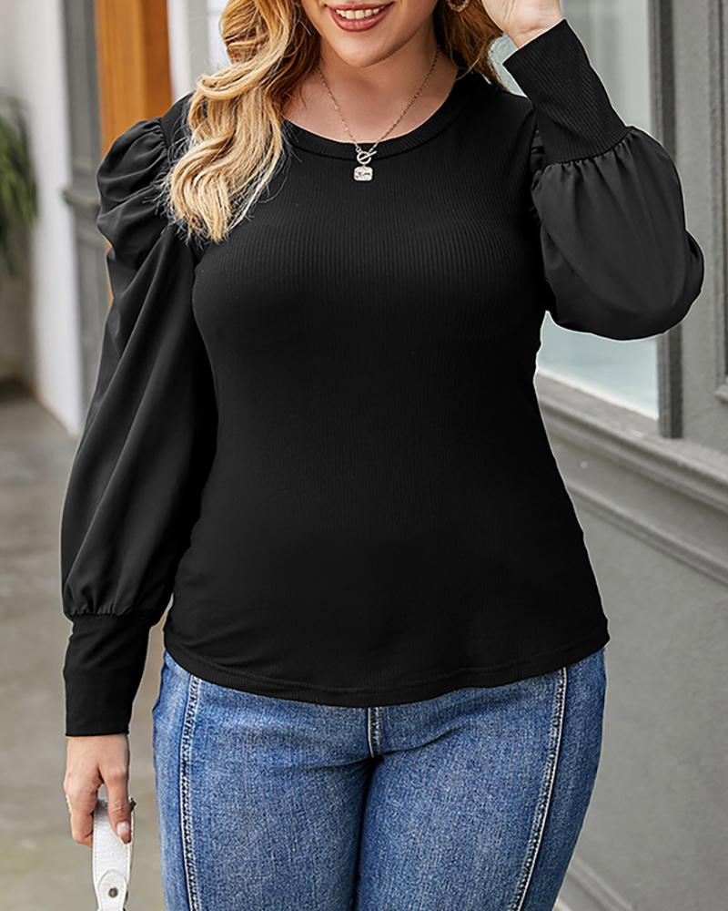 

Plus Size Plain Puffed Sleeve T-shirt, Black