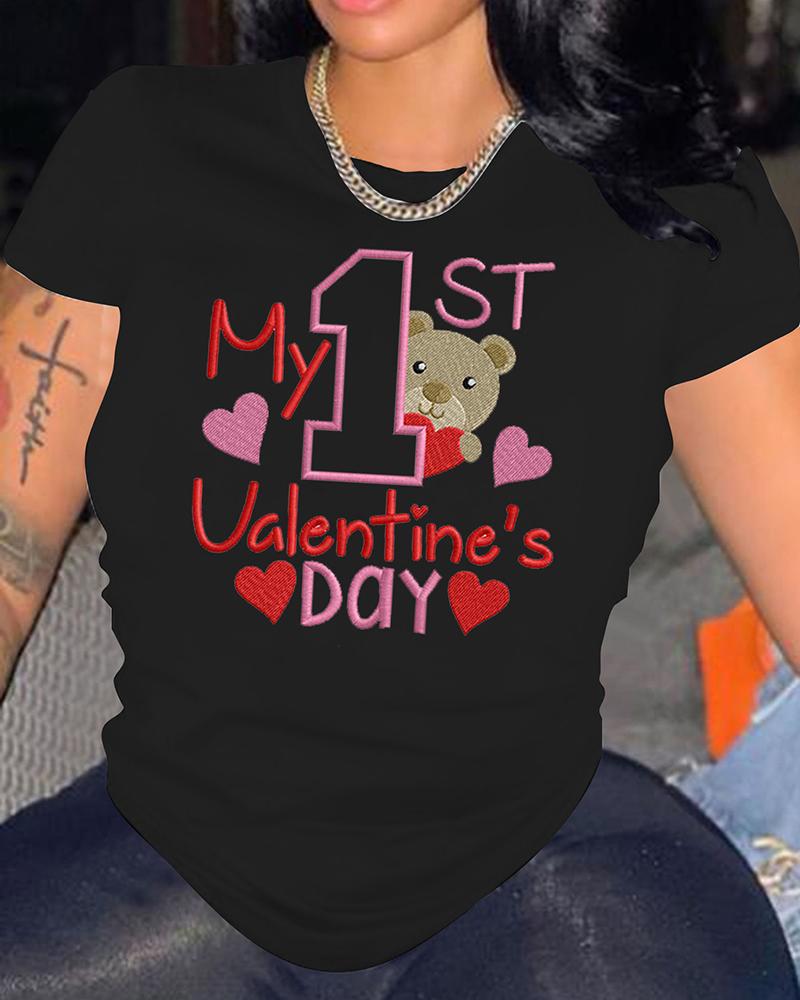 

Valentine' Day Letter Bear Pattern Short Sleeve T-shirt, Black
