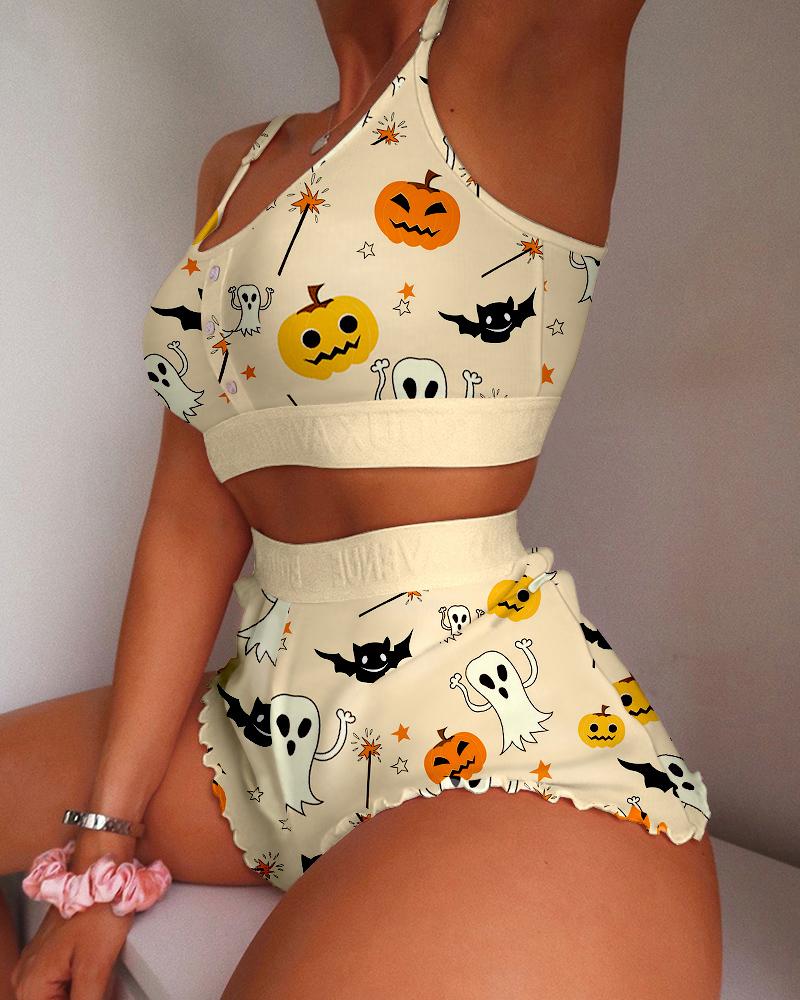 

Halloween Pumpkin Graphic Print Lettuce Trim Cami Set, Apricot