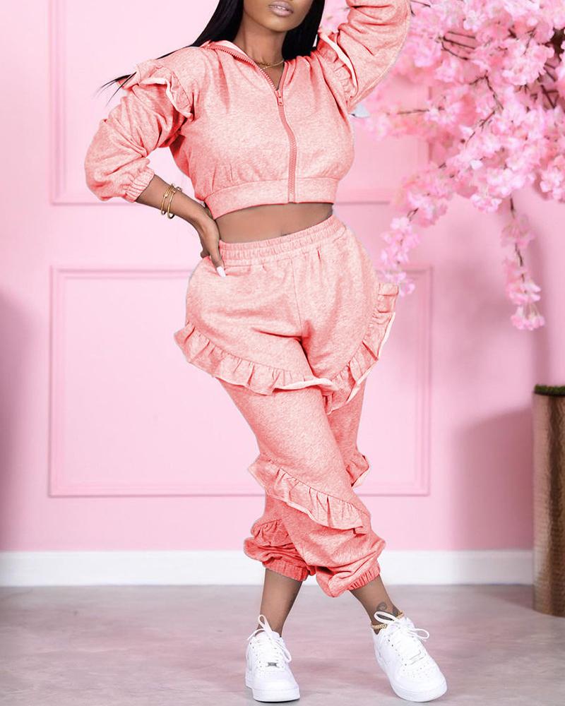 

Ruffles Frill Hem Zip Front Hooded Top & Sweatpants Set, Pink