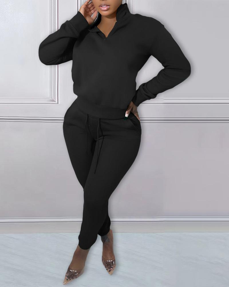 

Long Sleeve Zip Detail Casual Top & Drawstring Pants Set, Black