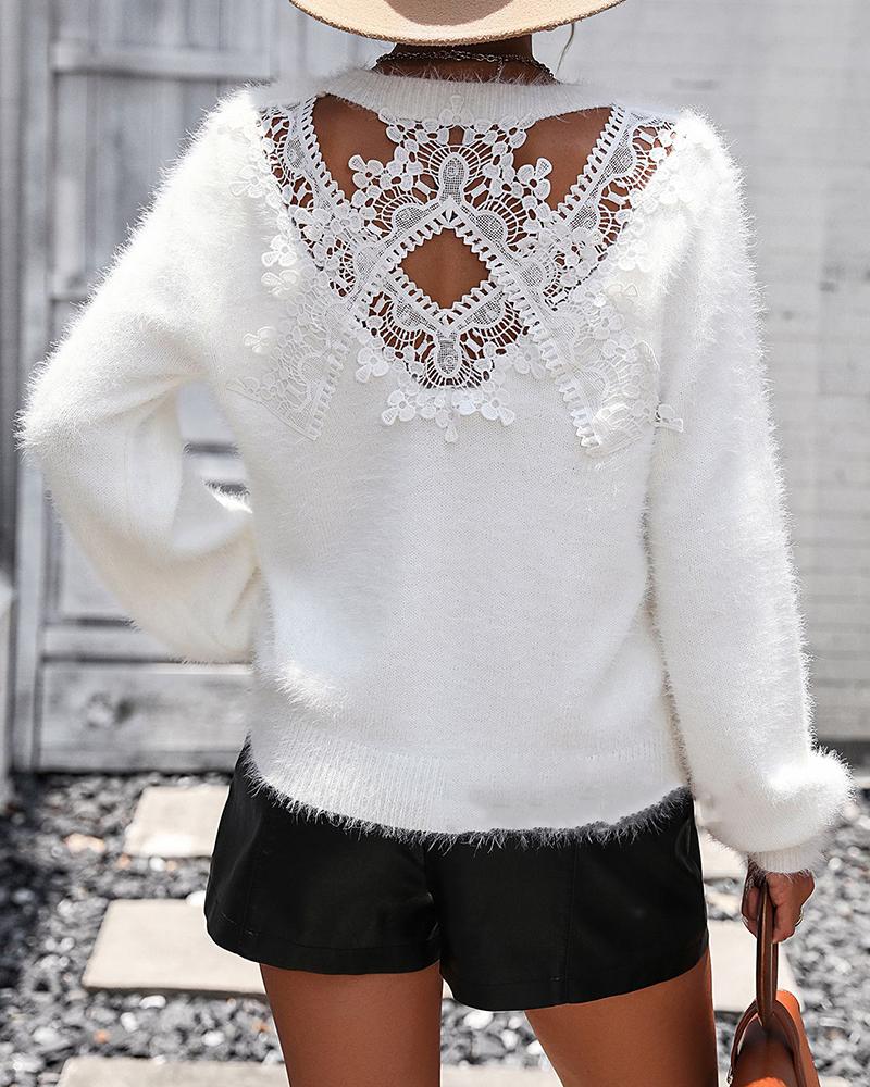 

Round Neck Cutout Crochet Lace Knit Sweater, White