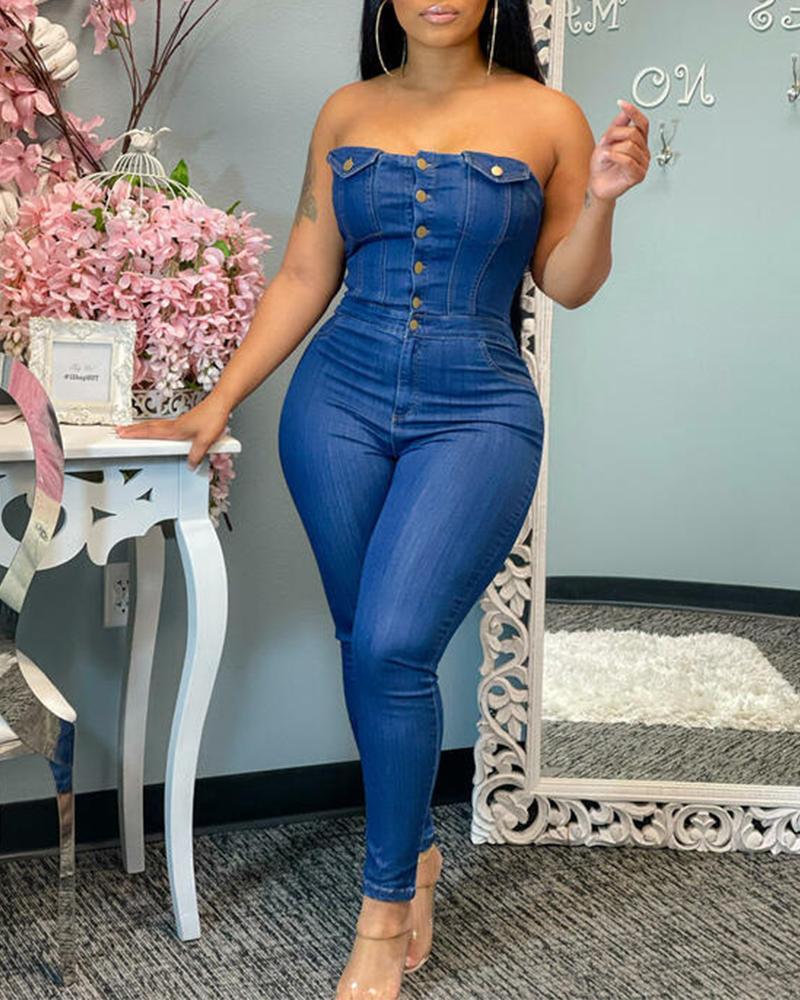 

Button Front Flap Detail Skinny Tube Denim Jumpsuit, Dark blue
