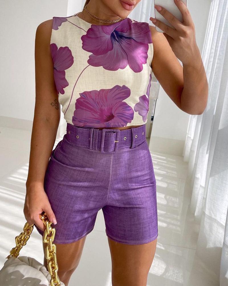 

Sleeveless Floral Print Tank Top & Skinny Shorts Set With Belt, Purple