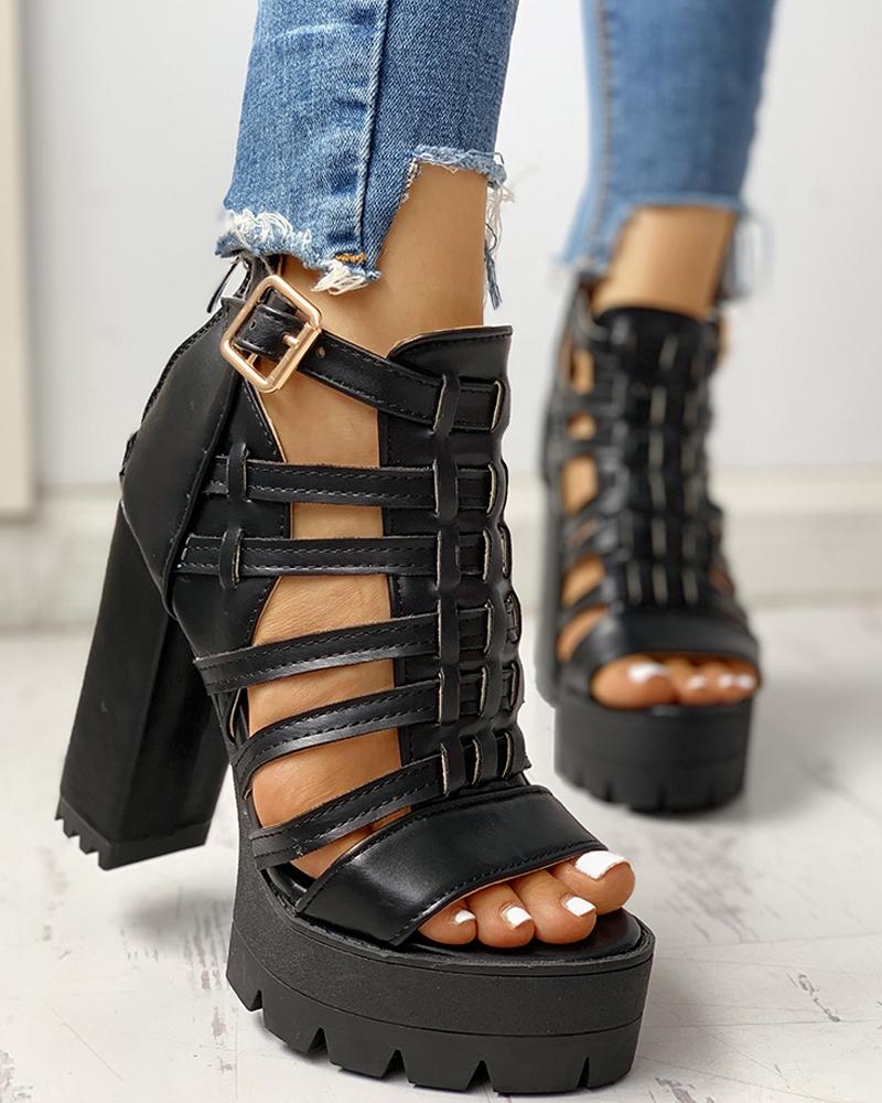 

Hollow Out Platform Chunky Heeled Sandals, Black