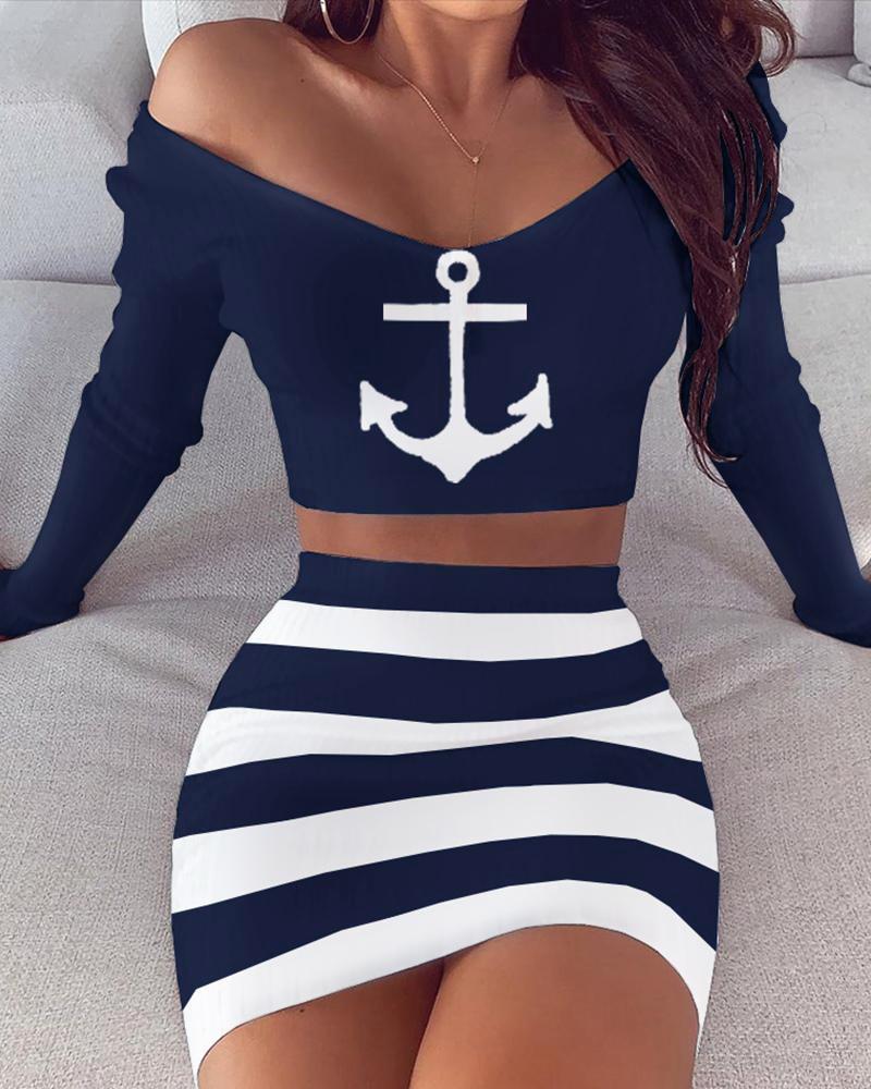 

Boat Anchor Print Striped Crop Top & Skirt Sets, Purplish blue