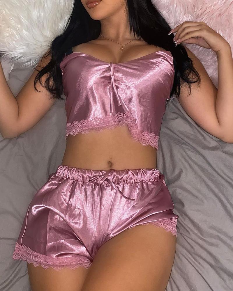 

Plain Lace Trim Satin Cami Set, Purple