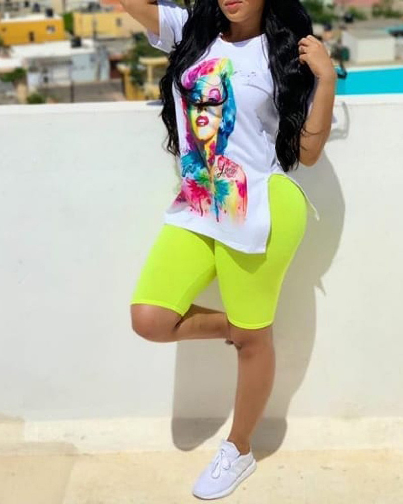

Figure Print Slit Top & Plain Shorts Set, White