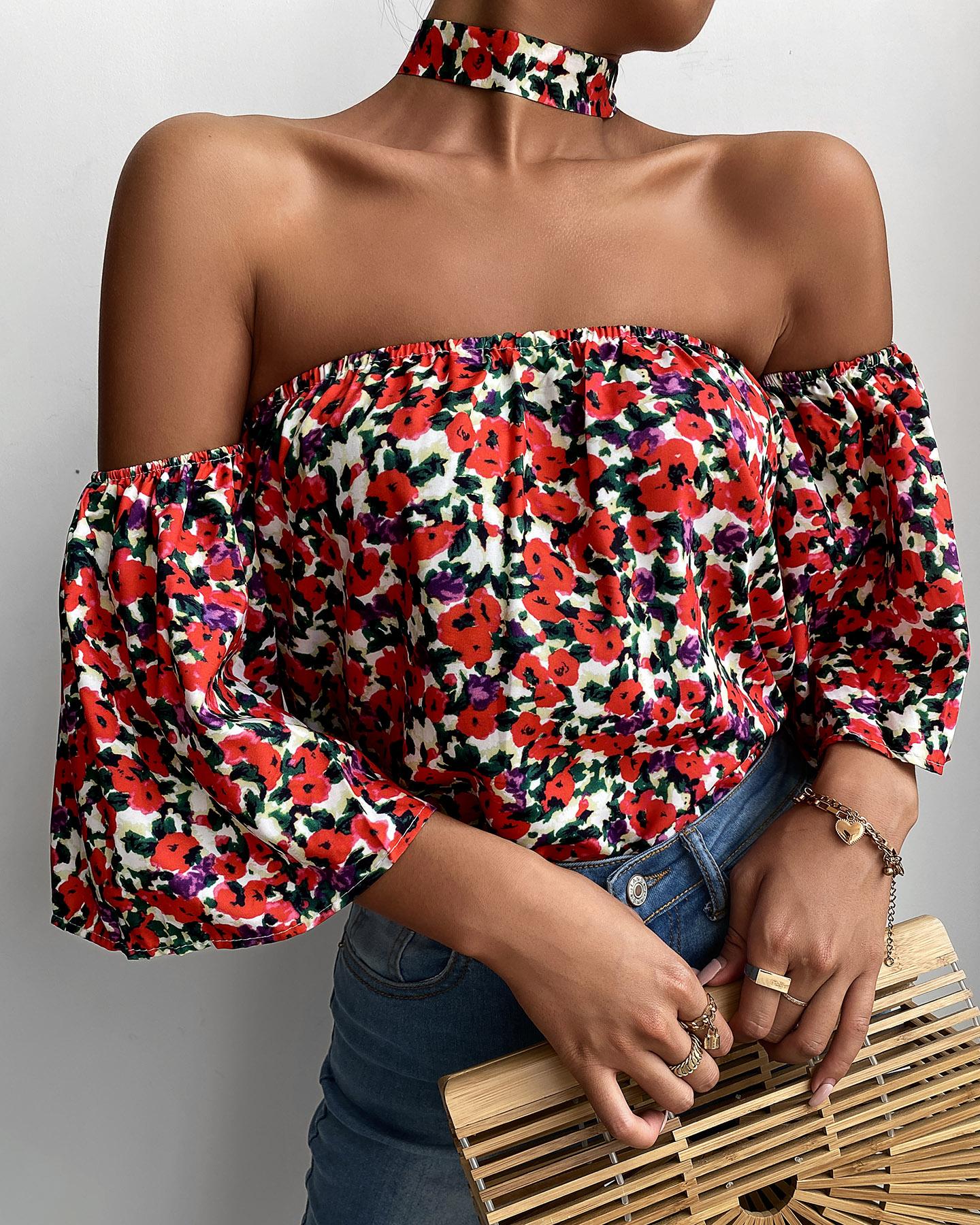 

Off Shoulder Floral Print Top, Red