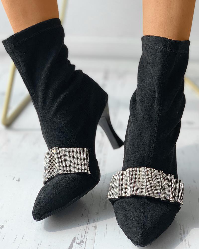 

Rhinestone Strap Suede Pointed Toe Heeled Boots, Black