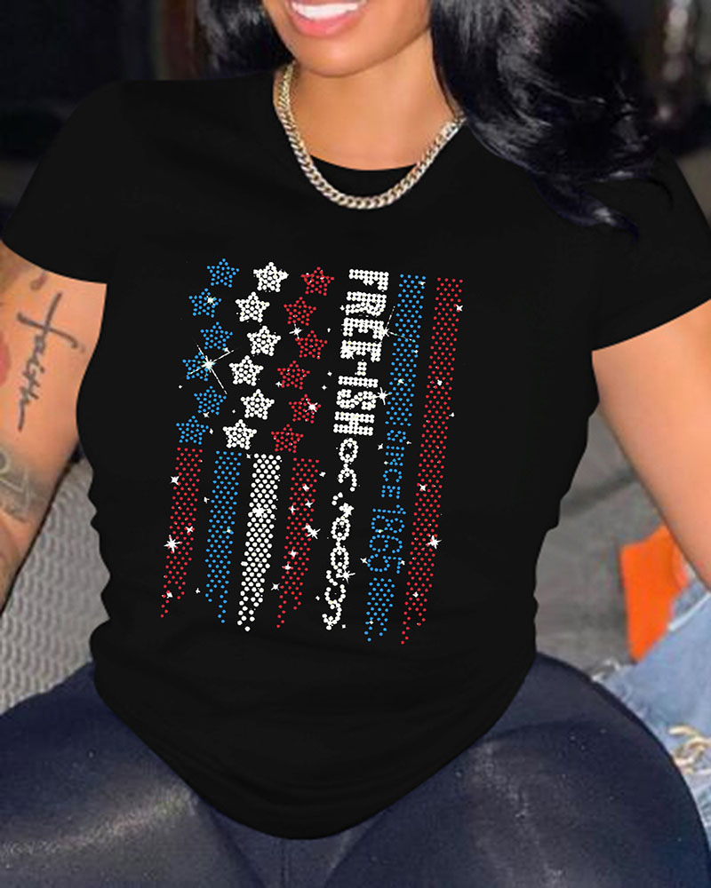 

Independence Day Rhinestone Flag Pattern Casual T-shirt, Black