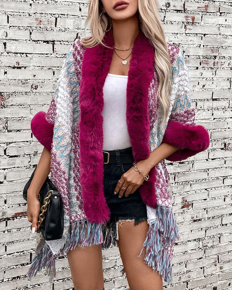 

Colorblock Comfort Baggy Cardigan Sweater Oversized Fluffy Trim Tassel Design Knit Cape, Hot pink