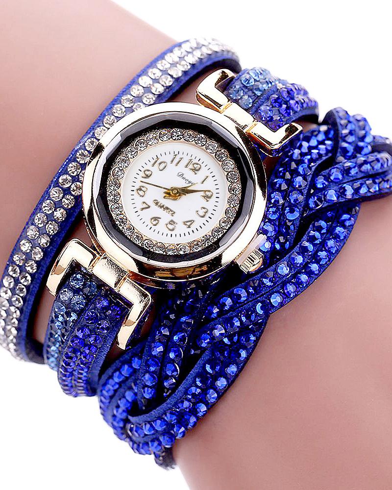 

Rhinestone Decor Twine Quartz Wrist Watch & Bracelet Set, Blue