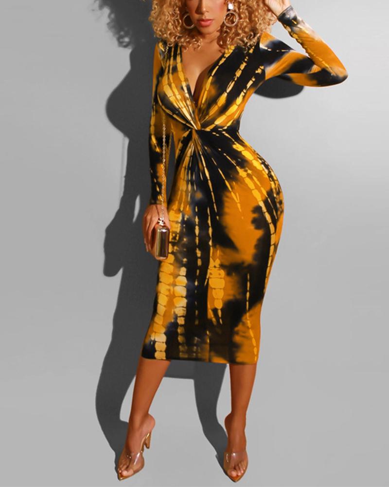 

V Neck Front Twist Midi Dress, Yellow
