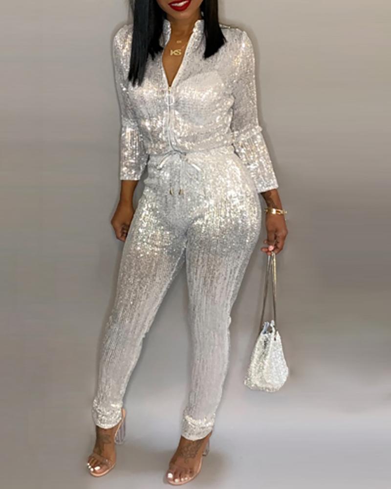 

Sequins Zipped Design Tied Waist Jumpsuit, White