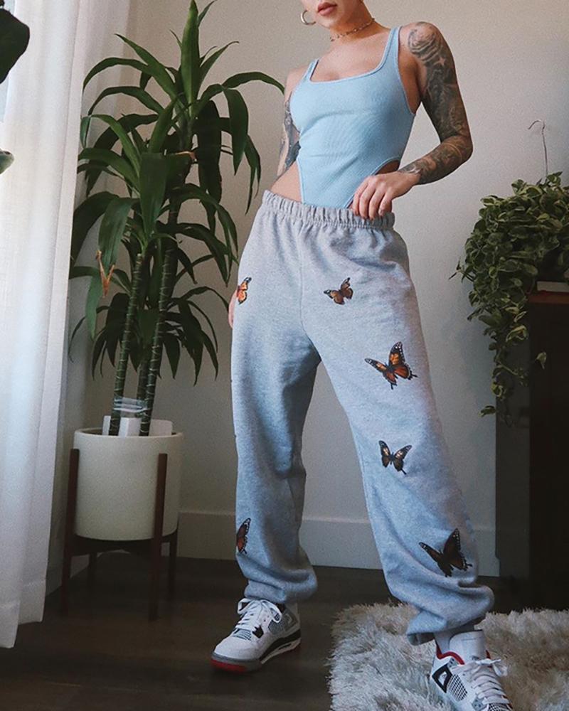 

Elastic Waist Butterfly Print Grey Sweatpants, Gray