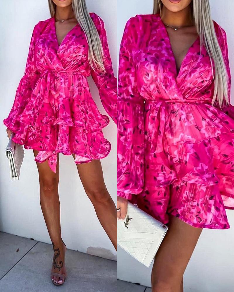 

Floral Print Layered Ruffles Chiffon Dress, Hot pink