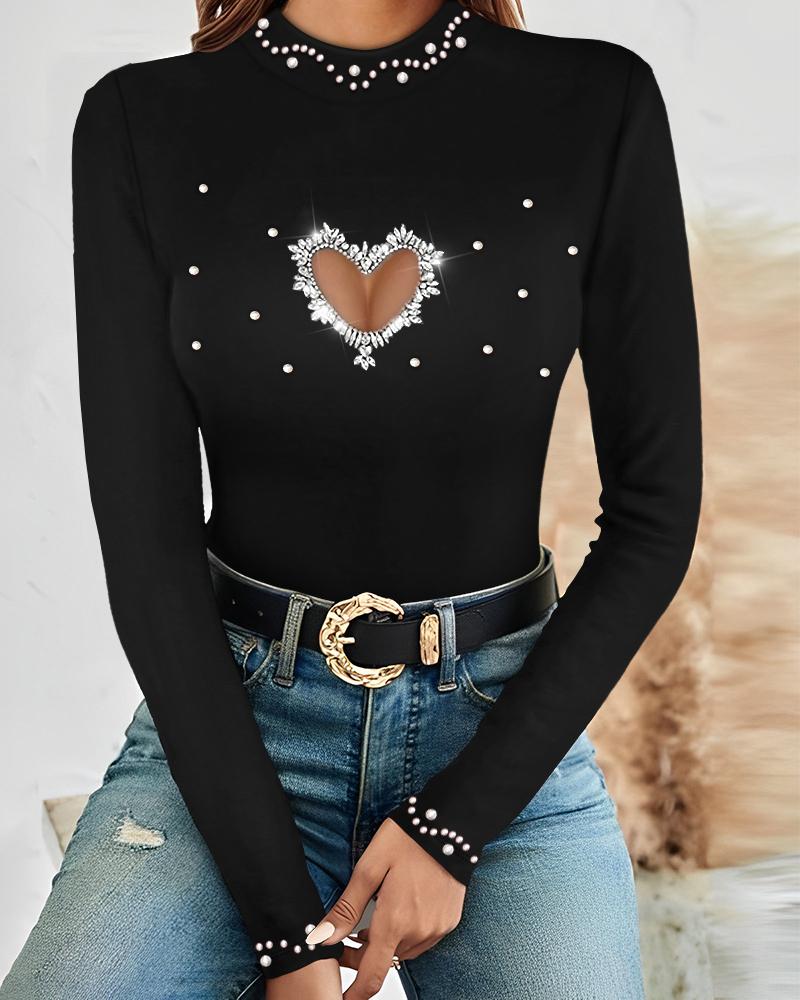 

Hollow Heart Beaded Long Sleeve Top, Black