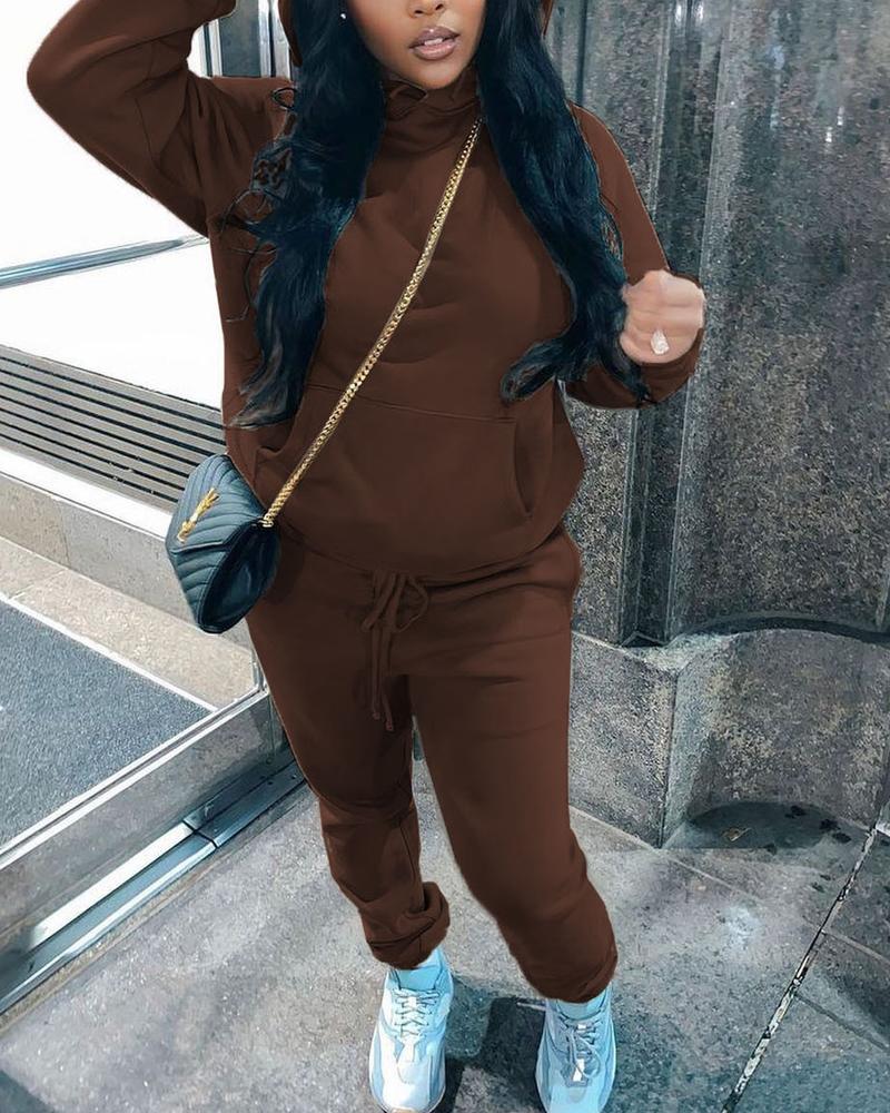 

Plus Size Long Sleeve Drawstring Hoodie & Pants Set, Brown