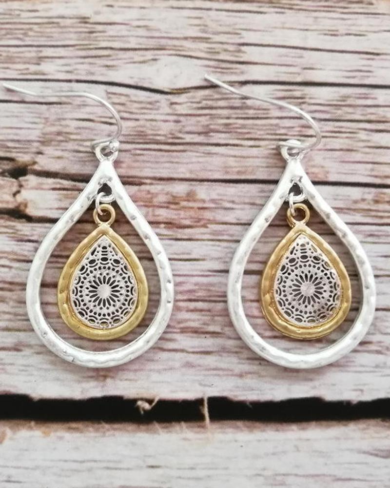 

1Pair Bohemian Hollow Out Waterdrop Hook Earrings, Silver